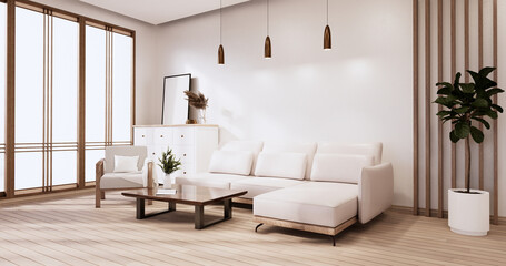 White Sofa japanese on room japan tropical desing and tatami mat floor.3D rendering