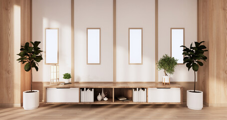 Cabinet wooden design on white room interior modern style.3D rendering
