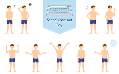 男子生徒、水着姿のポーズセット、疑問・悩む・引き受ける・指さしetc