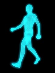 Neon silhouette of a man on a black background, walking. 3D render. The concept of technology and artificial intelligence.