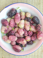 top view closeup fresh and ripe colorful mulberry fruits in a bowl 