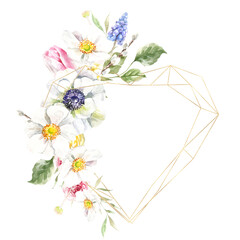 Watercolor spring floral frame illustration, Easter flower geometric gold frame,tulip,anemone,rose wreath, frame, for wedding stationery, nursery decor, greenery botanical save the date, baby shower
