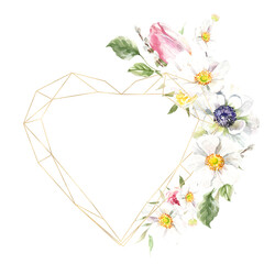 Watercolor spring floral heart shape frame , Easter flower geometric gold frame,tulip,anemone,rose wreath, frame, for wedding stationery, nursery decor, greenery botanical save the date, baby shower