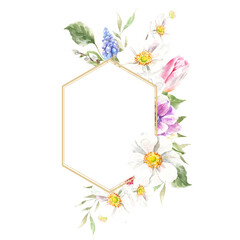 Watercolor spring floral frame illustration, Easter flower geometric gold frame,tulip,anemone,rose wreath, frame, for wedding stationery, nursery decor, greenery botanical save the date, baby shower