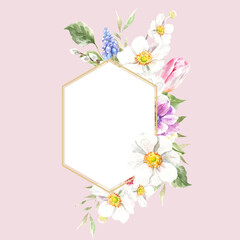 Watercolor spring floral frame illustration, Easter flower geometric gold frame,tulip,anemone,rose wreath, frame, for wedding stationery, nursery decor, greenery botanical save the date, baby shower