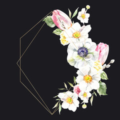 Watercolor spring floral frame illustration, Easter flower geometric gold frame on black background, tulip,anemone,rose  frame, for wedding stationery, nursery decor, greenery botanical save the date
