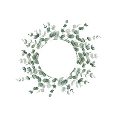 Watercolor eucalyptus frame, wreath. Green leaves branch on a white isolated background. Use for wedding stationary, greetings, wallpapers, fashion, background.