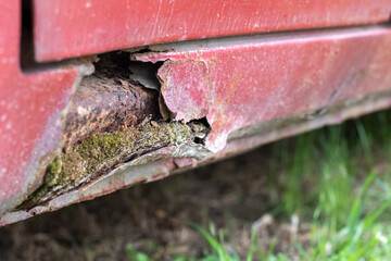Rusty driver's door sills. Corrosion of the body of a red old car after winter. Influence of...