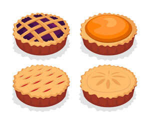 Set of delicious pies in cartoon style. Vector illustration homemade cakes with different fillings.
