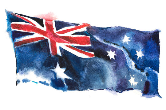 Australia, Australian flag. Hand drawn watercolor illustration.