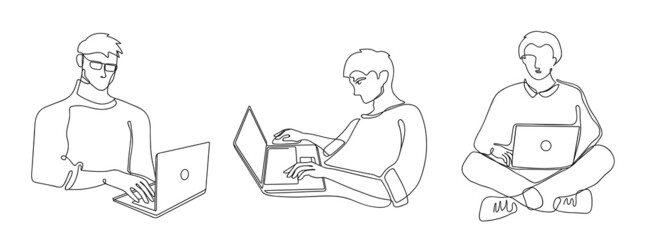Male with laptop. Freelance remote worker character, man working with laptop computer and typing on keyboard. Continuous line art vector illustration set