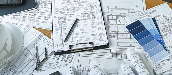 Architects concept, engineer architect designer freelance work on start-up project drawing, construction plan. architect design working drawing sketch plans blueprints and making construction model