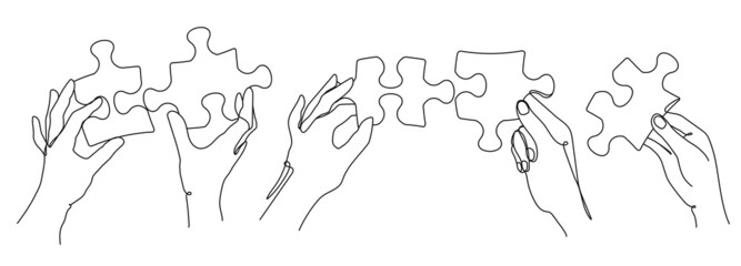 Puzzle pieces in peoples hands. Continuous line art of solution selection, jigsaw or problem solving and teamwork vector illustration set