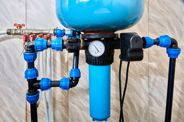 Pressure tank store and supply water to house under pressure with help of compressed air. - obrazy, fototapety, plakaty