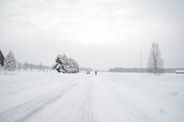 Scenic image of spruces tree. Snowy road, calm wintry scene. Ski resort. Great picture of wild area. Explore the beauty of earth. Tourism concept.