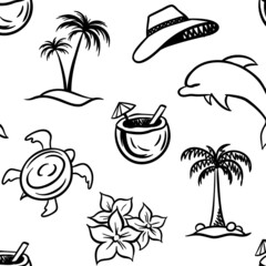 summer seamless pattern. print for clothes. beach season. vector doodle illustrations. line graphics
