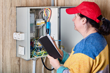 Taking electric meter readings by electrician with notebook.