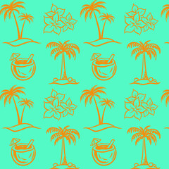 summer seamless pattern.coconut palm pattern. beach season. vector doodle illustrations. line graphics