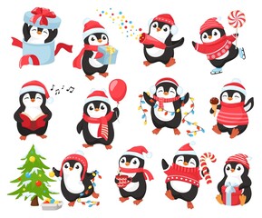 Cute Christmas penguin mascot. Happy penguins characters celebrate New Year, decorate xmas tree and give gifts. Winter holidays vector illustration set