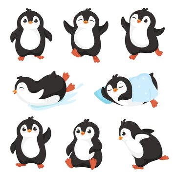 Cute cartoon penguins. Little penguin character with happy smile, aquatic flightless bird mascot vector set