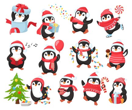 Cute Christmas penguin mascot. Happy penguins characters celebrate New Year, decorate xmas tree and give gifts. Winter holidays vector illustration set