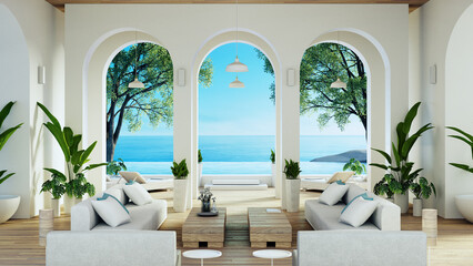 Luxury house and resort on the beach for sea views and living - 3D rendering - obrazy, fototapety, plakaty