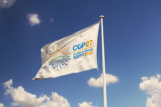 June 14, 2022, Brazil. In this photo illustration The 2022 United Nations Climate Change Conference COP27 soon appears on a flag. Event will be on 7-18 November 2022, in Sharm El-Sheikh, Egypt.