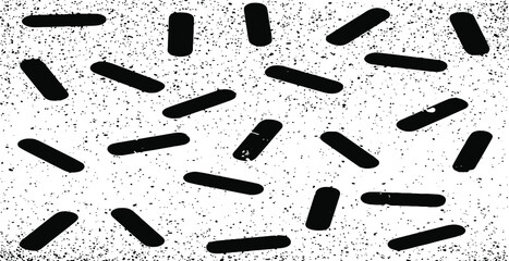 Monochrome texture composed of irregular graphic elements. Distressed uneven grunge background. Abstract vector illustration. Overlay for interesting effect and depth. Isolated on white background.