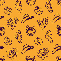 summer seamless pattern. beach season. vector doodle illustrations. line graphics