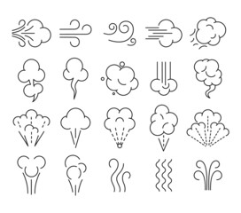 Smell icons. Wind flow, breathe aroma and puff cloud line art symbols. Smoking and breath vector illustration set