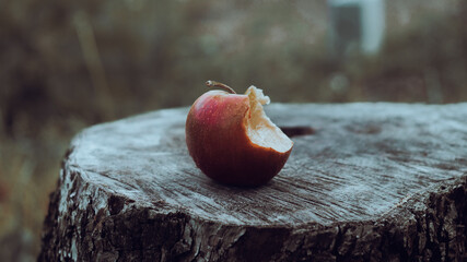 a bitten apple on a wooden table