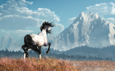 A blue roan coated wild horse prances through long golden grass across the plains. Beyond, a snow capped mountain rises above a hills covered in forests of spruce trees. 3D Rendering