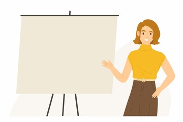 Young businesswoman standing and pointing her hand to blank presentation board. Template for business, announcement, information. Flat vector illustration character.