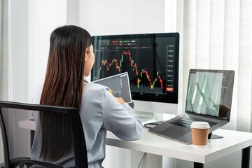 Businesswoman investor working with computer, tablet and analyzing graph stock market trading planning with chart data financial investment planning