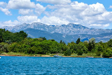 Beautiful aerial panorama view of montenegro coastline with azure sea water.