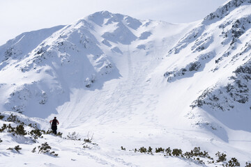 Hiker approaching big mountain in snowy landscape during winter, Slovakia, Europe