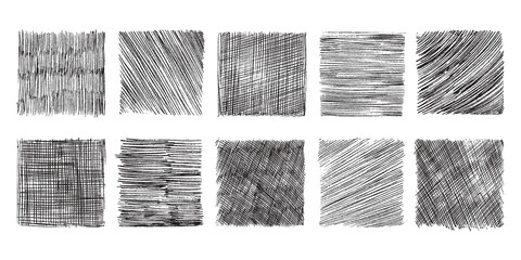 Pencil shaded squares. Pen stroke scribble, hand drawn scrawl sketch texture and line sketched background vector set