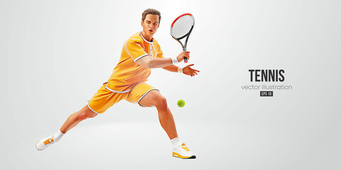 Realistic silhouette of a tennis player on white background. Tennis player man with racket hits the ball. Vector illustration - obrazy, fototapety, plakaty