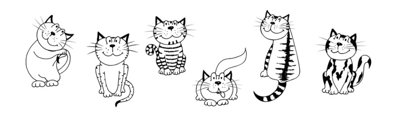 Set of funny cute cats. Kawaii animals in different poses. Hand drawn character. Objects isolated on white, vector black on white illustration