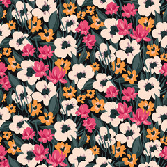 Obraz premium Seamless pattern, elegant ditsy print with blooming meadow, small hand drawn flowers, leaves. Vintage floral background with hand drawn plants, wild flowers on a dark field. Vector illustration.