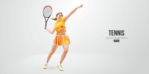 Realistic silhouette of a tennis player on white background. Tennis player woman with racket hits the ball. Vector illustration