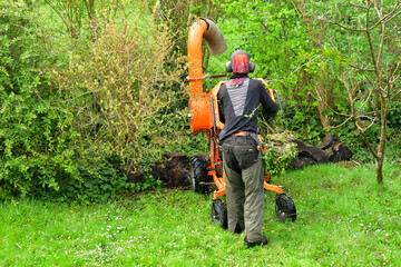 Verneuil sur Seine; France - april 17 2022 : a gardener is crushing branchs