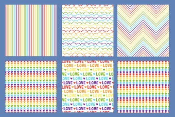 Seamless pride pattern. Rainbow gradient lines, hearts stripes and love text in LGBT flag colors seamless vector backgrounds set