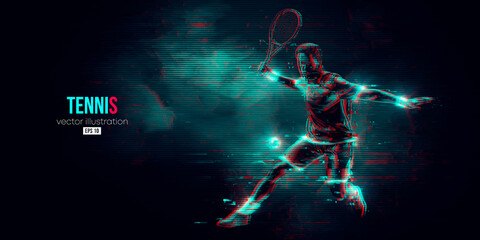 Abstract silhouette of a tennis player on black background. Tennis player man with racket hits the ball. Vector illustration
