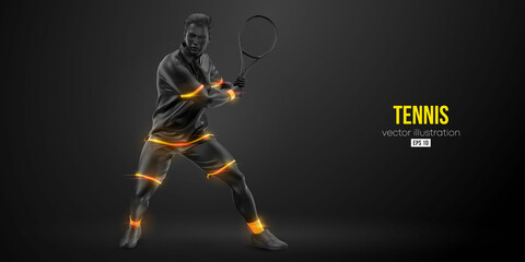 Abstract silhouette of a tennis player on black background. Tennis player man with racket hits the ball. Vector illustration