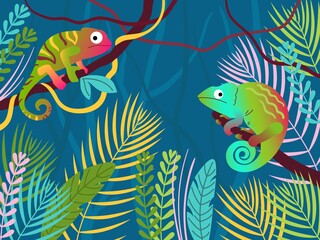 Plakat Chameleon forest. Fantasy tropical jungle forest with color lizards, reptile animals on branch vector illustration