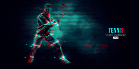 Obraz na płótnie Canvas Abstract silhouette of a tennis player on black background. Tennis player man with racket hits the ball. Vector illustration