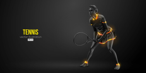 Abstract silhouette of a tennis player on black background. Tennis player woman with racket hits the ball. Vector illustration © Yevheniia