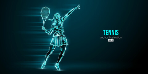 Abstract silhouette of a tennis player on black background. Tennis player woman with racket hits the ball. Vector illustration