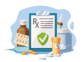Medicine prescription. Formular for RX drugs, pills and medicines. Medical list for treatment, healthcare diagnoses and proper dosing list vector illustration